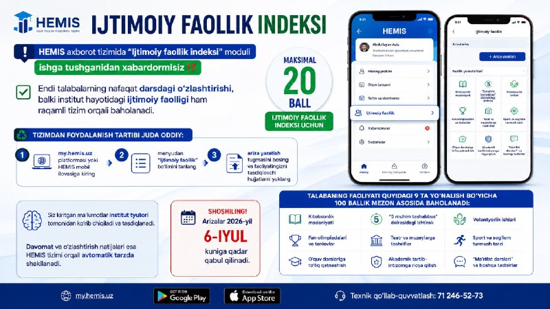 HEMIS axborot tizimida “Ijtimoiy faollik indeksi” moduli ishga tushganidan xabardormisiz !?