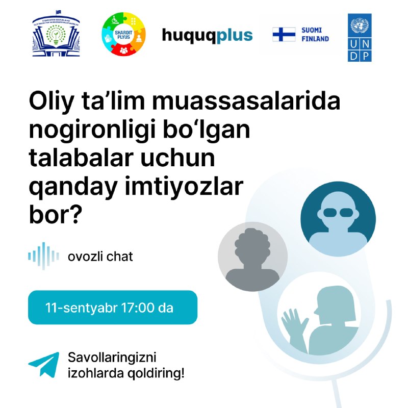 Ayni paytda “Oliy ta’lim muassasalarida nogironligi bo‘lgan talabalar uchun qanday imtiyozlar bor?” mavzusida Oliy ta’lim, fan va innovatsiyalar vazirligi vakillari bilan ochiq chat bo‘lib o‘tmoqda.